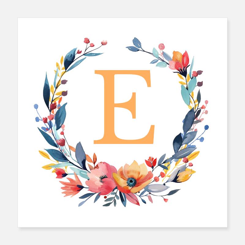 E Monogram, Flower Wreath, Personalizable Poster 16" x 16" (40x40 cm)
