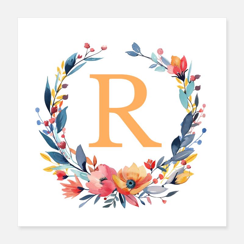 R Monogram, Flower Wreath, Personalizable Poster 16" x 16" (40x40 cm)