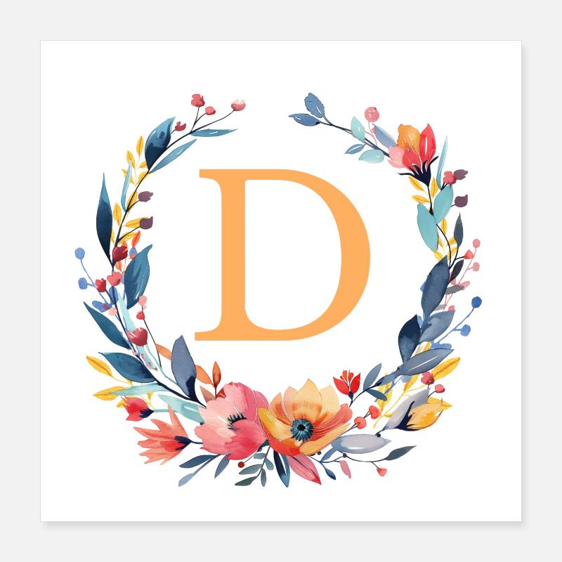 D Monogram, Couronne de fleurs, Personnalisable Poster 40 x 40 cm