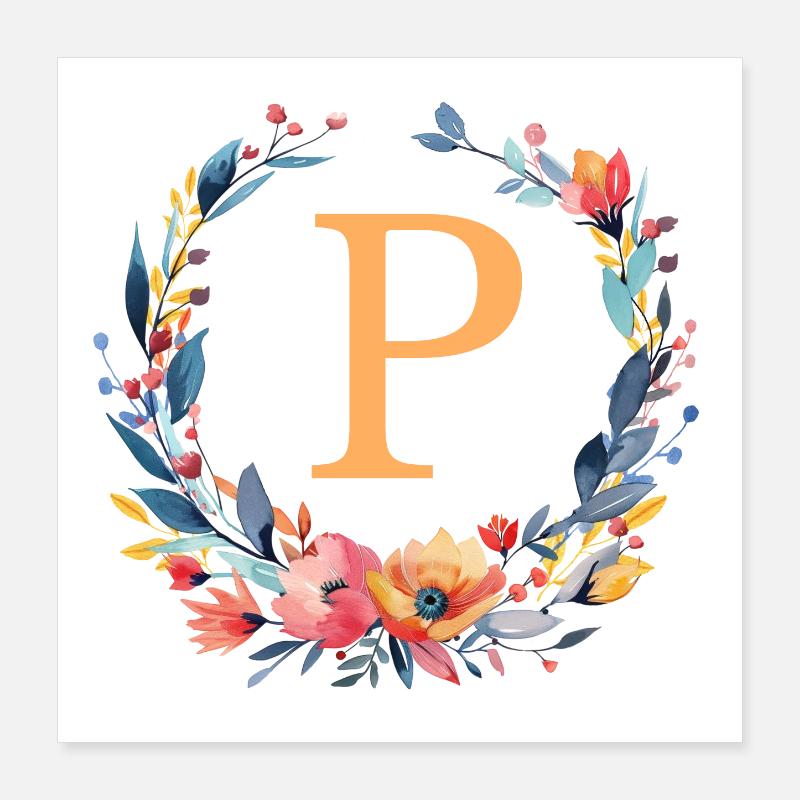 P Monogram, Couronne de fleurs, Personnalisable Poster 40 x 40 cm