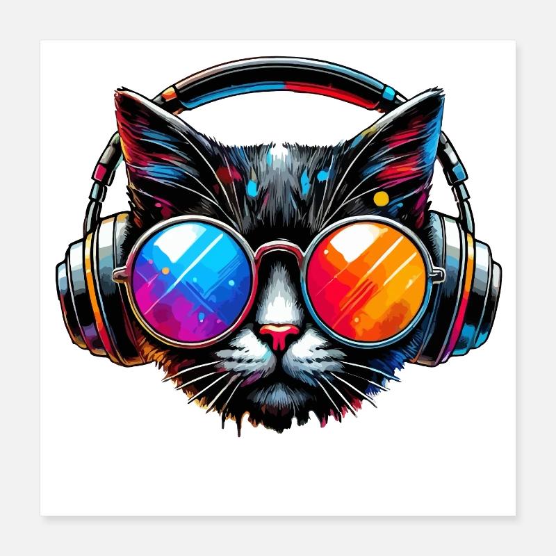 DJ Cat - Chat Disco & Fête - Poster 40 x 40 cm - blanc