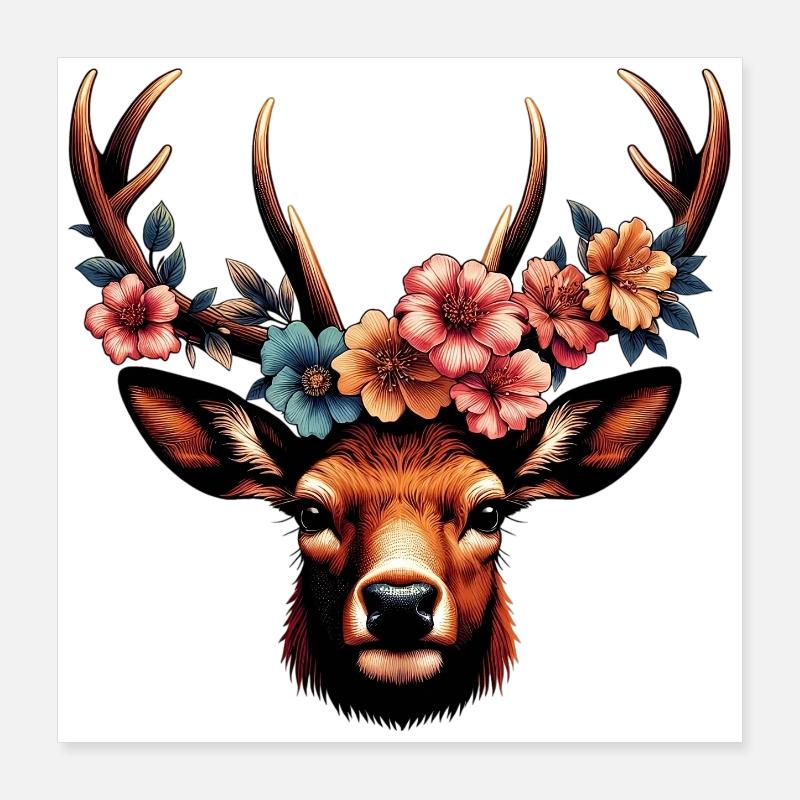 Hirsch mit Blumen Poster 40x40 cm