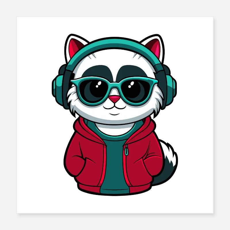 Coole Katze mit Kapuzenpullover und Brille Design Poster 40x40 cm