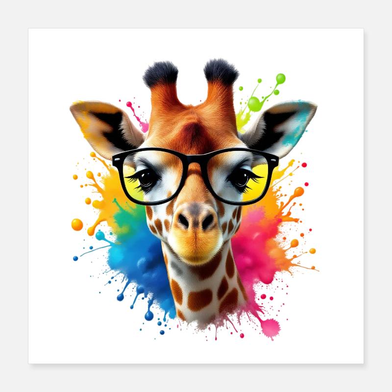 Coole Giraffe mit Brille in bunter Splash Art Poster 40x40 cm