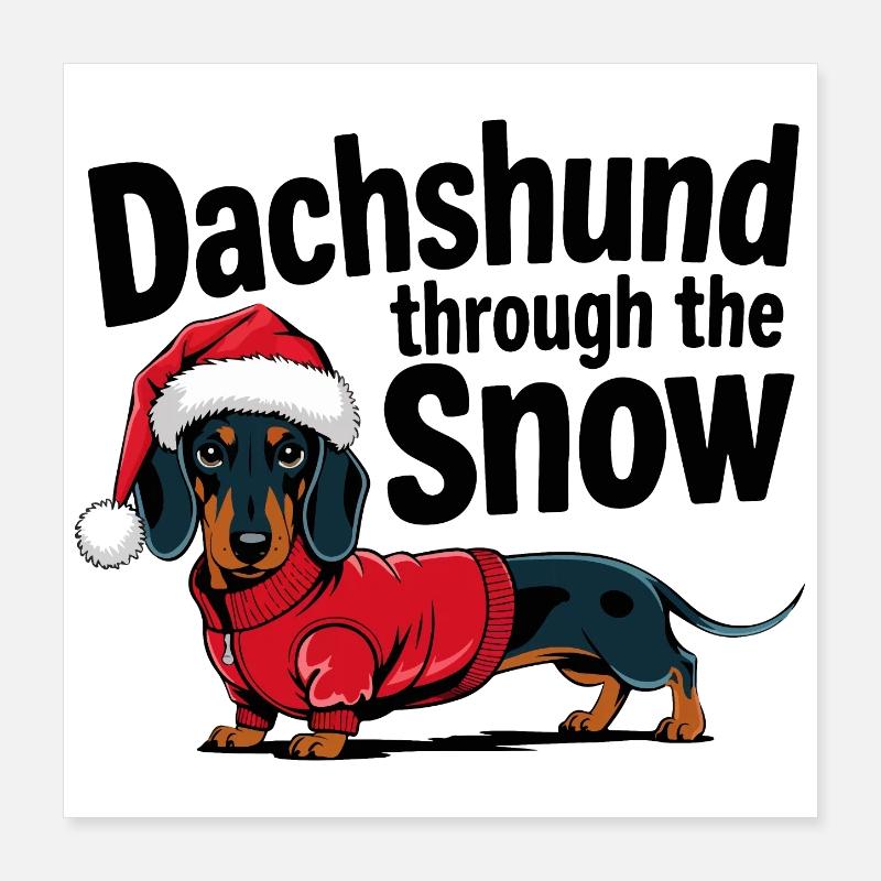 Teckel en pull de vacances avec chapeau de Père Noël Poster 40 x 40 cm