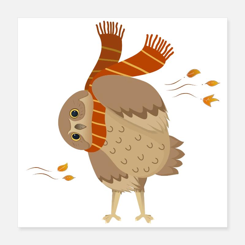 Süße Cartoon-Eule trägt Schal mit fallenden Blättern Poster 40x40 cm