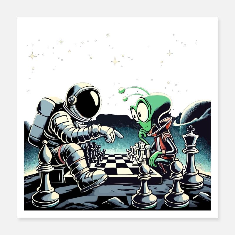 Astronaute Alien Jeu d'échecs Univers Cadeau Poster 40 x 40 cm
