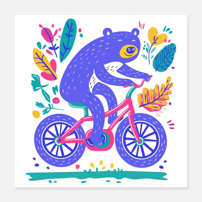Bear on the Bicycle – Aventure colorée Poster 40 x 40 cm