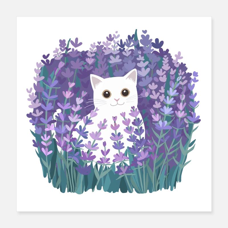 Mignon chat blanc parmi les fleurs de lavande, Cottagecore Poster 40 x 40 cm