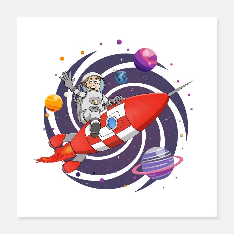 The astronaut and the red rocket in space. Poster 16" x 16" (40x40 cm)