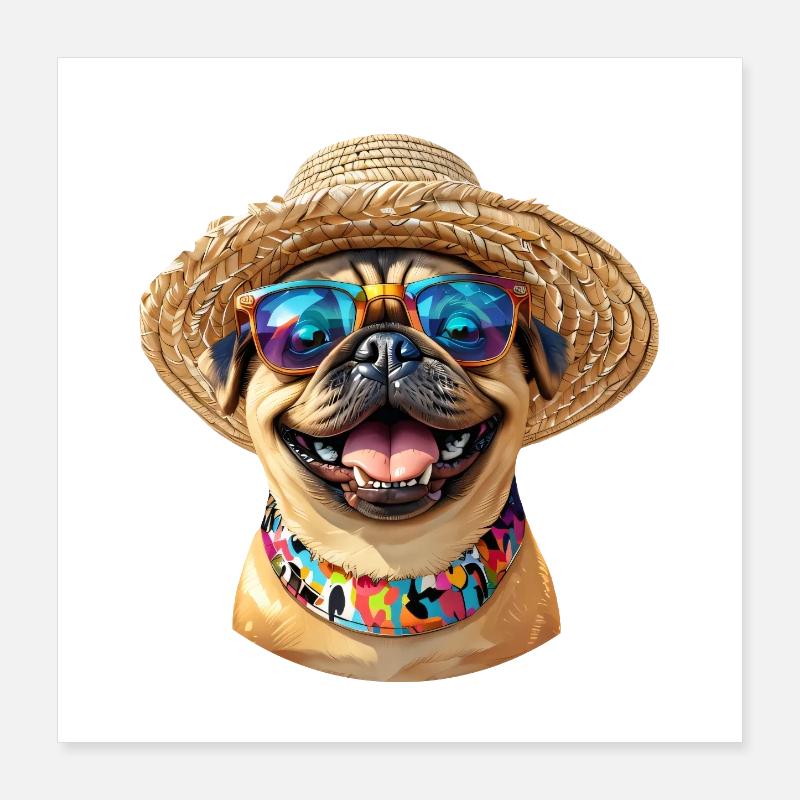 Fröhlicher Mops mit Sonnenbrille & Strohhut Poster 40x40 cm