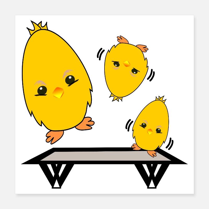 TRAMPOLIN SPRINGEN KÜKEN HÜHNER Poster 40x40 cm