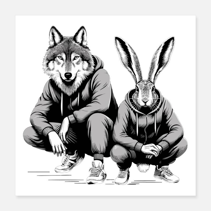 Slavic Squat Russian Squat Hare and Wolf Gift Poster 16" x 16" (40x40 cm)