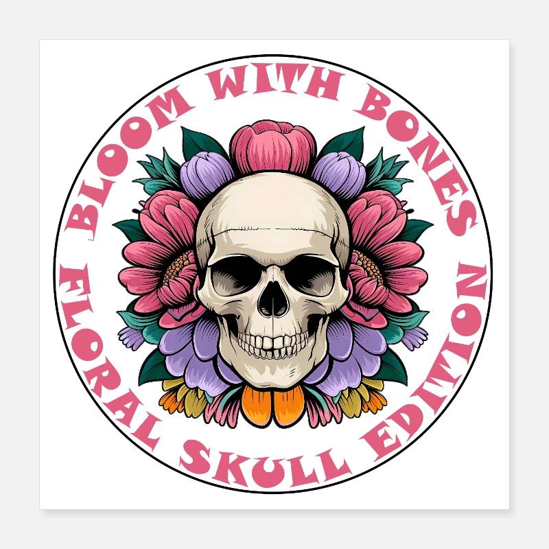 Autocollant de crâne fleurir avec des fleurs d’os Poster 40 x 40 cm
