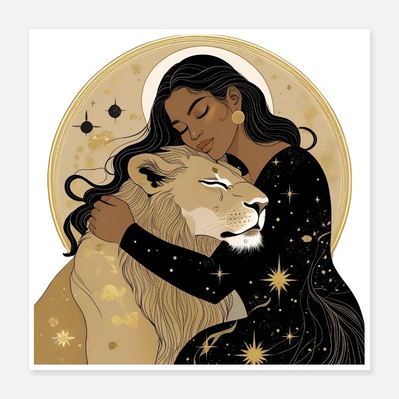 Frau mit Löwe in Sternenhimmel Poster 40x40 cm