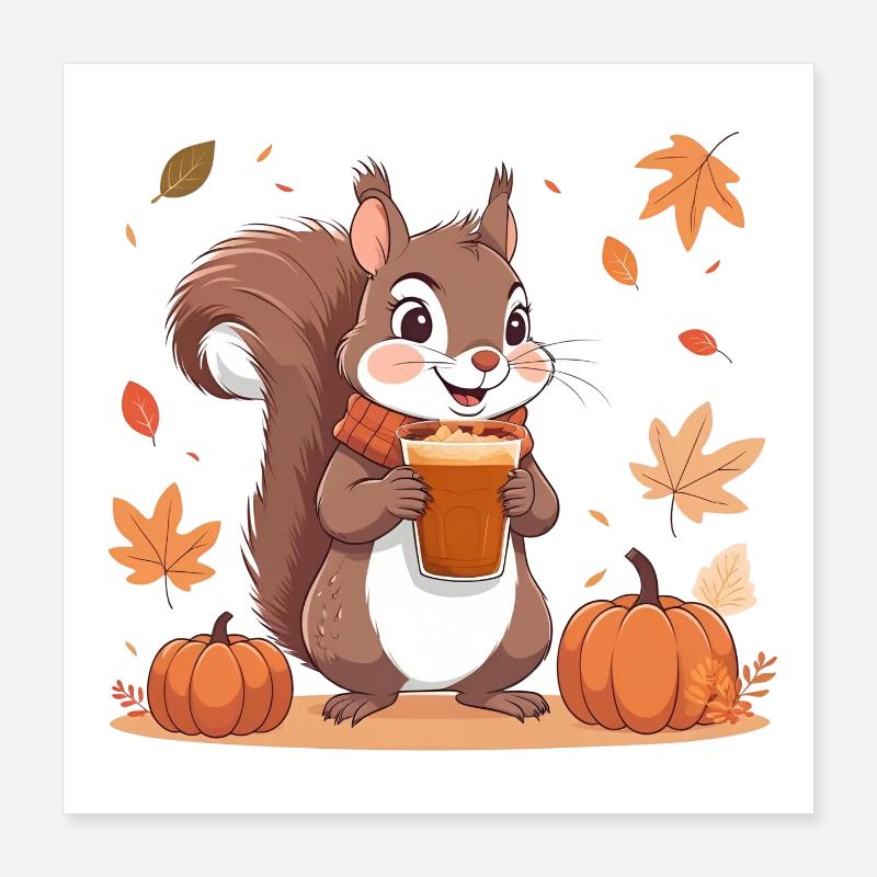 Cute squirrel with pumpkin spice latte autumn Poster 16" x 16" (40x40 cm)