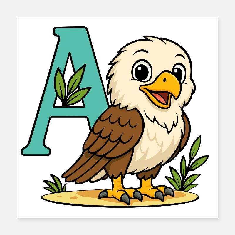 Aigle mignon avec initiale A et feuillage Poster 40 x 40 cm