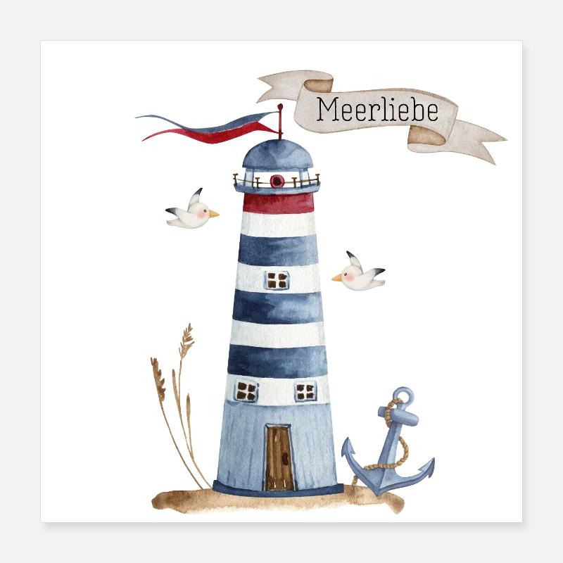 Lighthouse with sea creatures and banner Poster 16" x 16" (40x40 cm)