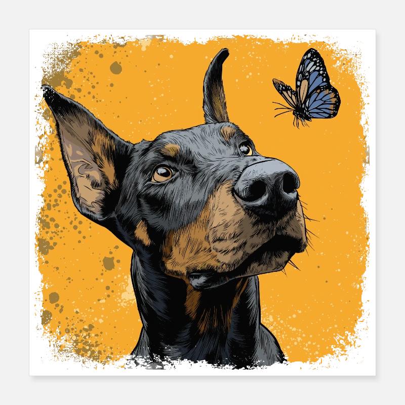 Drôle de doberman et de papillon sur orange Poster 40 x 40 cm