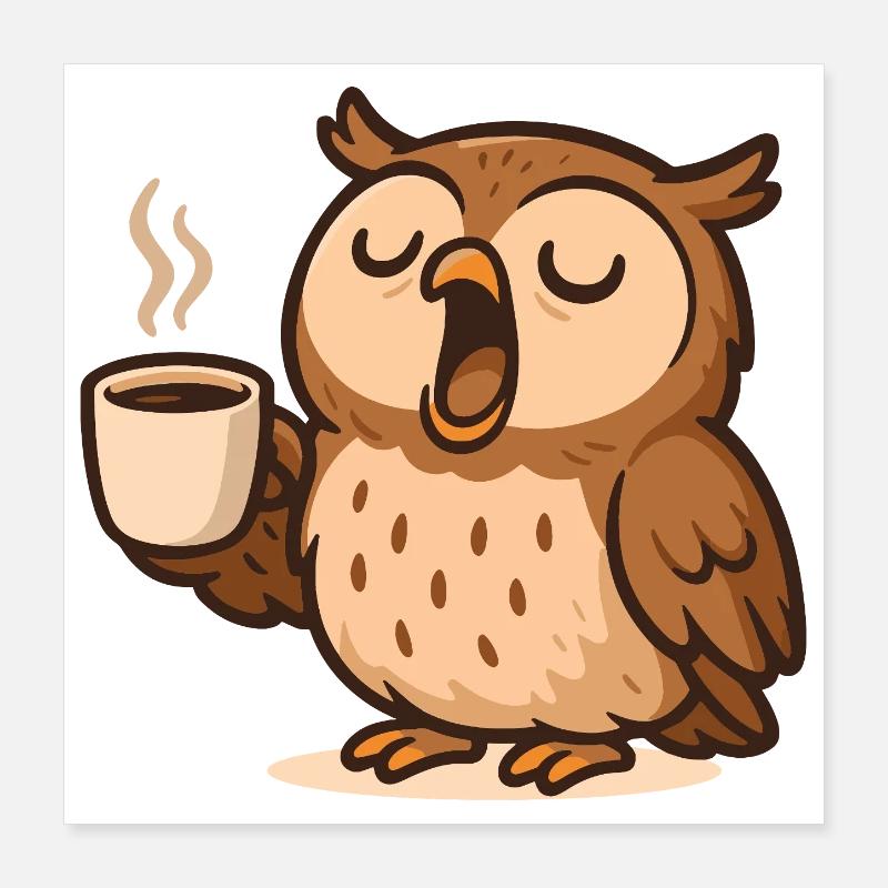 Coffee Drinking Owl Illustration Poster 16" x 16" (40x40 cm)