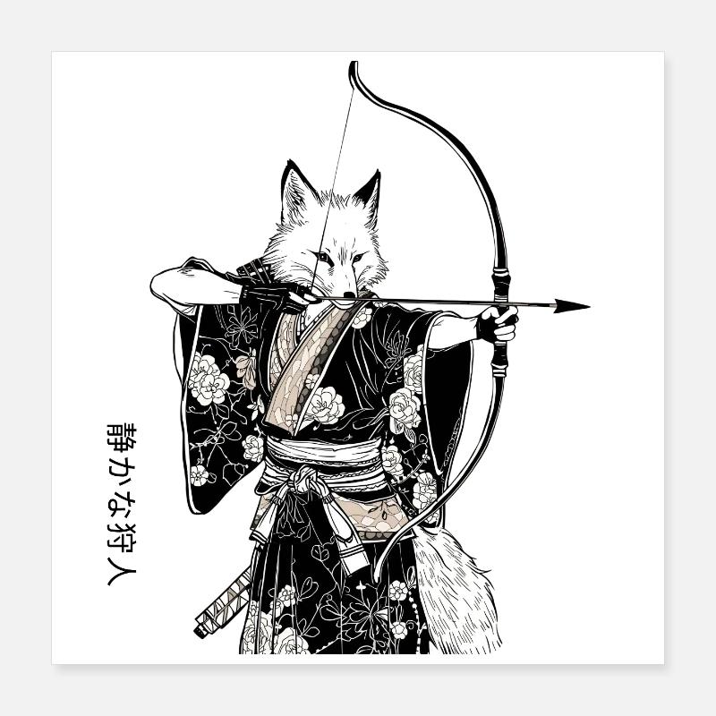 Samurai Fox with Bow – Ukiyo-e Japan Art Poster 16" x 16" (40x40 cm)