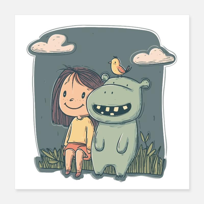 Mädchen und Nilpferd Freundschaft Poster 40x40 cm