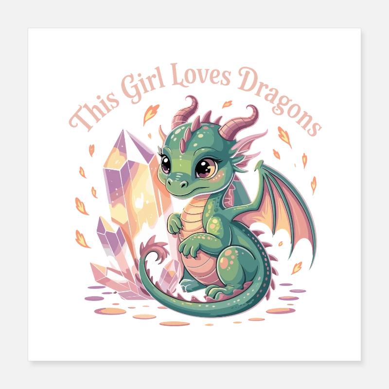 Mädchenliebe zu Drachen mit Kristall Poster 40x40 cm