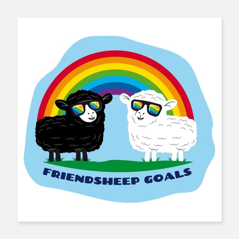 Freundschafts-Schafe mit Regenbogen Poster 40x40 cm
