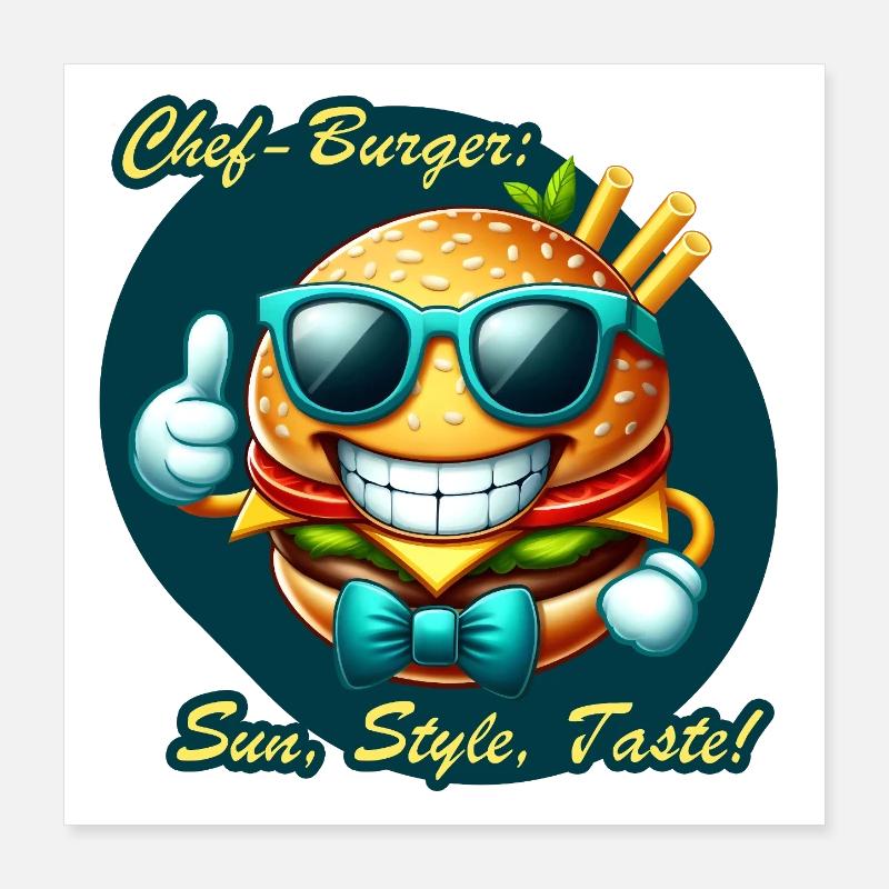 Sunny Chef Burger Dessin animé Design Poster 40 x 40 cm