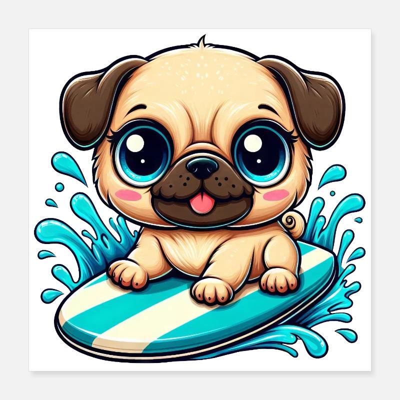 Cute Pug Surfer Cartoon Surfing Summer Poster 16" x 16" (40x40 cm)