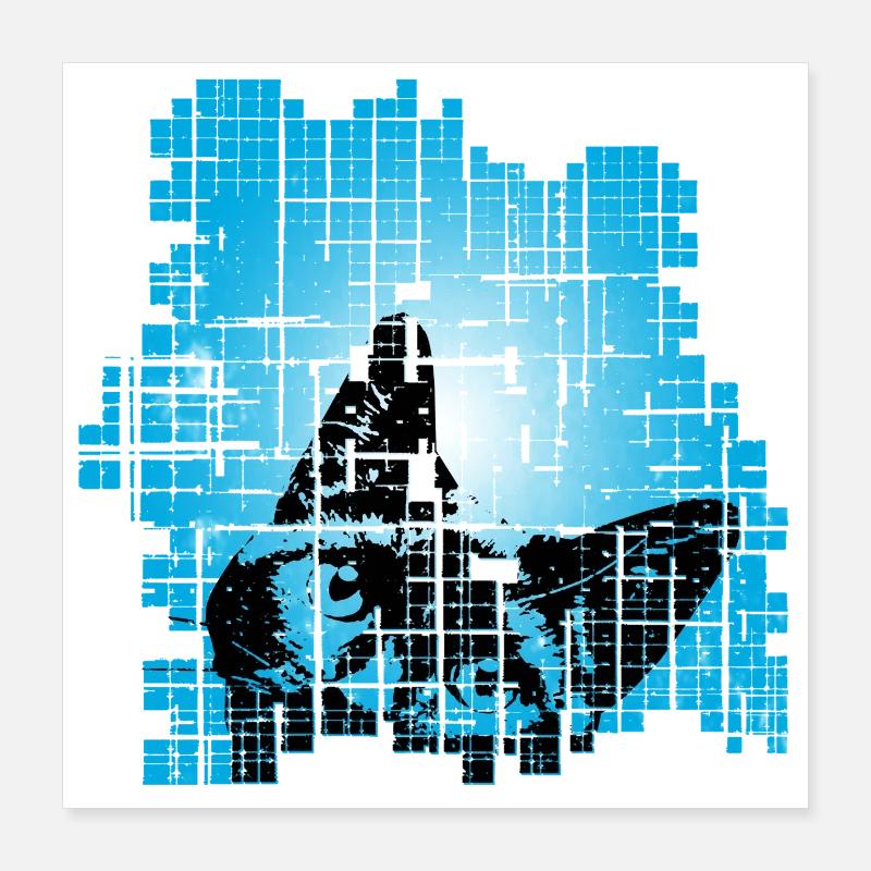 Katze im Pixelraster Blau Poster 40x40 cm