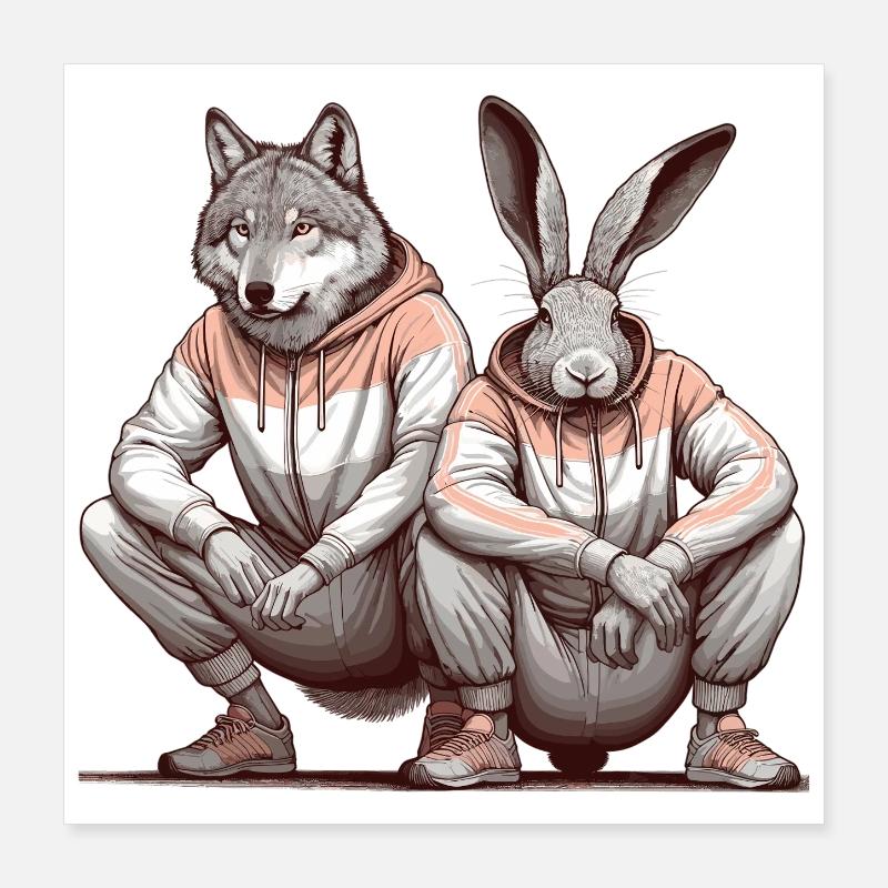 Slavic Squat Russian Squat Hare and Wolf Gift Poster 16" x 16" (40x40 cm)