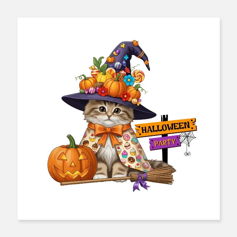 Chat sorcière mignon avec citrouille – Fête d’Halloween Poster 40 x 40 cm