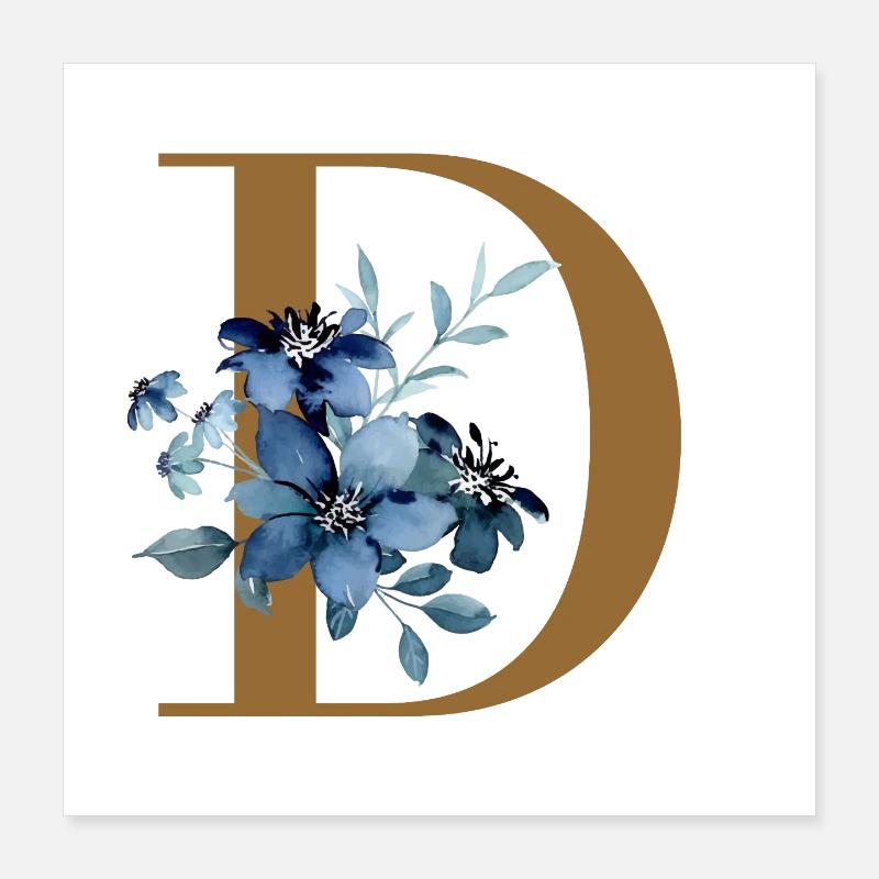 Floral D – Lettre dorée avec des fleurs Poster 40 x 40 cm
