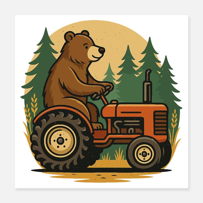 Bear Farmer in Tractor Poster 16" x 16" (40x40 cm)