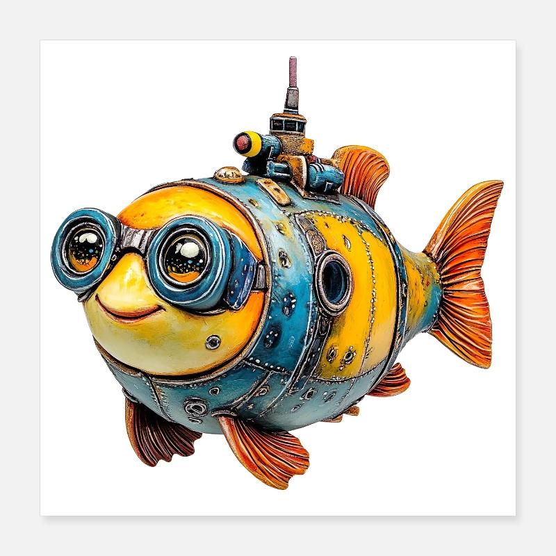 Steampunk fish with glasses Poster 16" x 16" (40x40 cm)