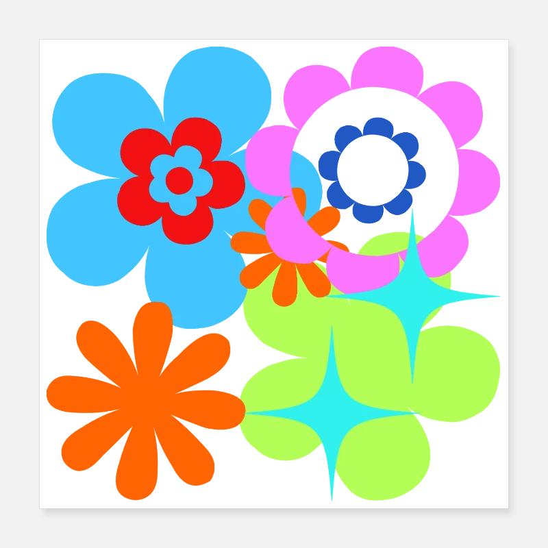 Fleurs Colorées Et Étoiles Flore Psychédélique Poster 40 x 40 cm
