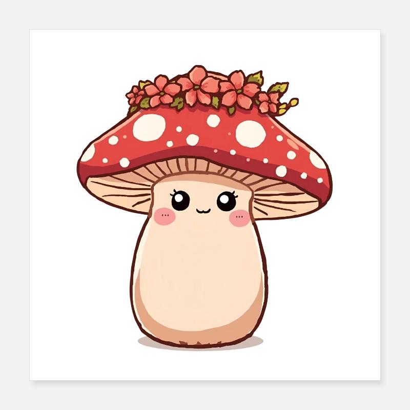 Champignon kawaii avec couronne de fleurs - Design mignon Poster 40 x 40 cm