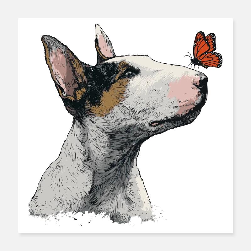 Neugieriger Bullterrier mit Schmetterling Poster 40x40 cm