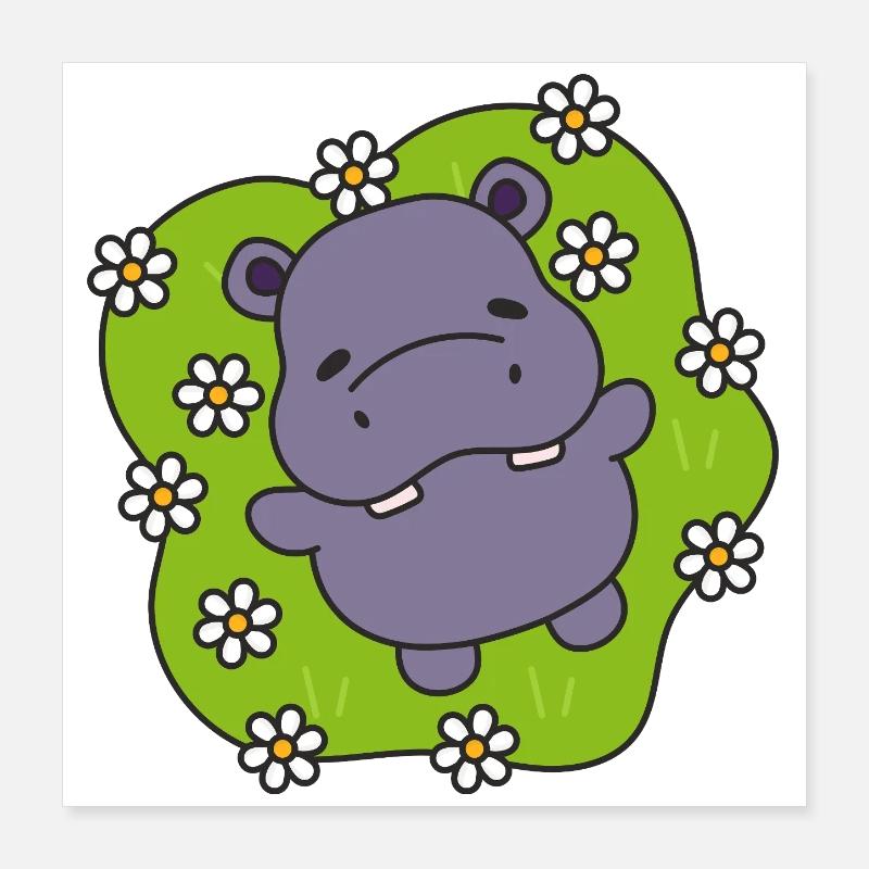Lila Nilpferd auf blühendem Gras Poster 40x40 cm