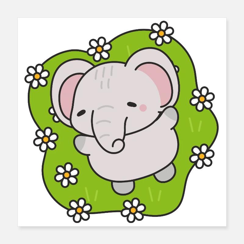 Süßer Elefant mit Blumen Poster 40x40 cm