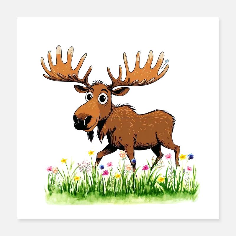 Whimsical Moose in Spring Meadow Poster 16" x 16" (40x40 cm)
