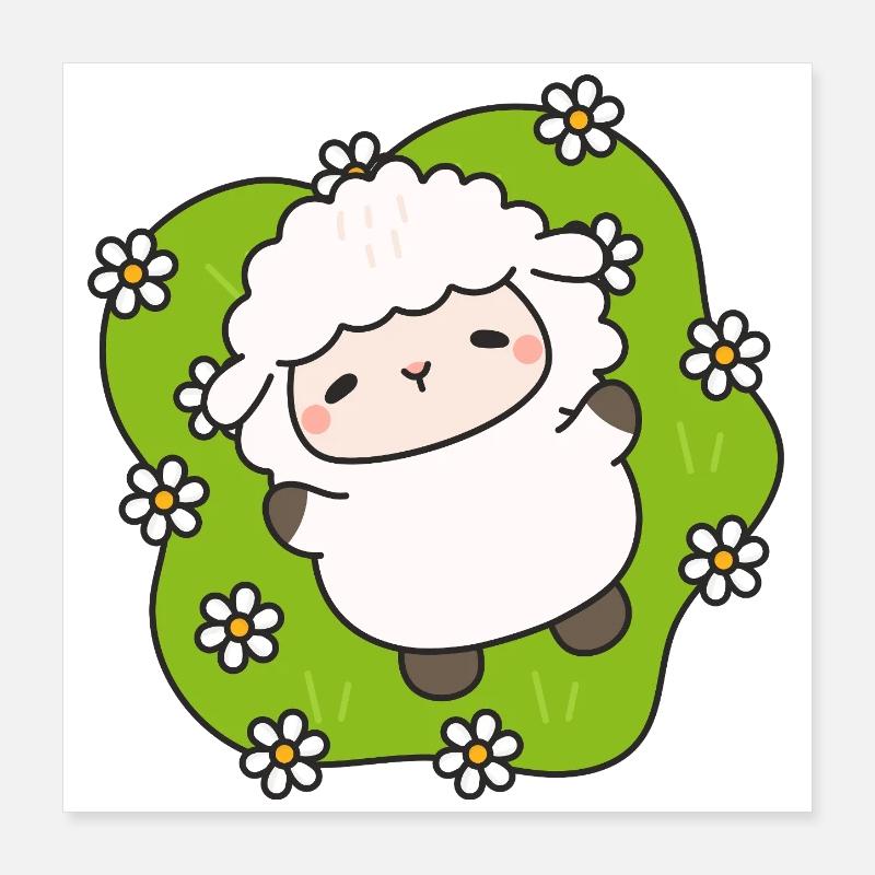 Mouton joyeux sur gazon fleuri Poster 40 x 40 cm