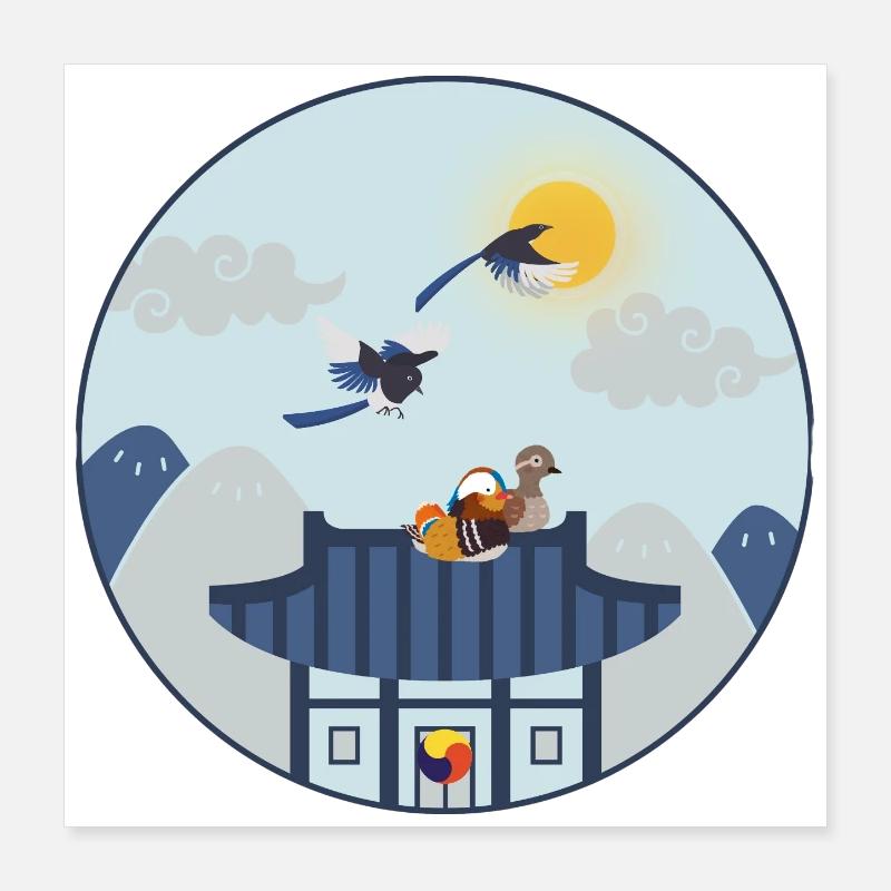 Maison coréenne avec des oiseaux – Design traditionnel Poster 40 x 40 cm