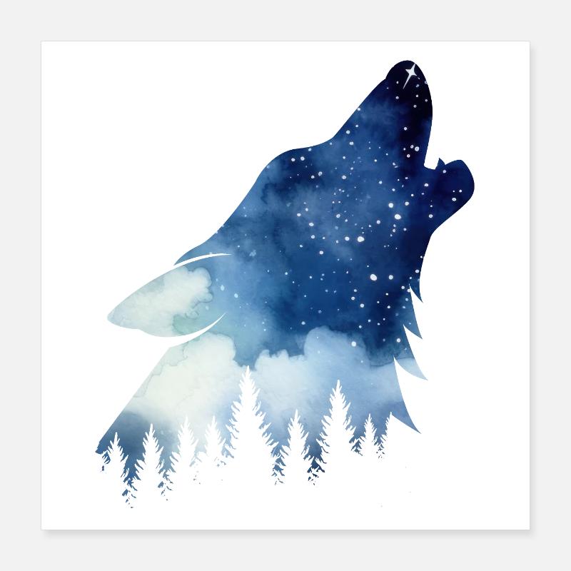 Howling Wolf – Watercolors Starry Sky Forest Poster 16" x 16" (40x40 cm)