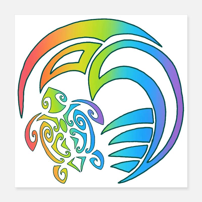 Tortue et océan multicolore Poster 40 x 40 cm
