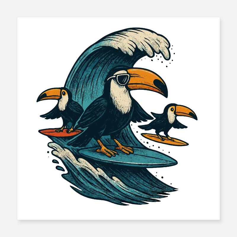 Cool Toucan Surfing Wave Art Poster 16" x 16" (40x40 cm)