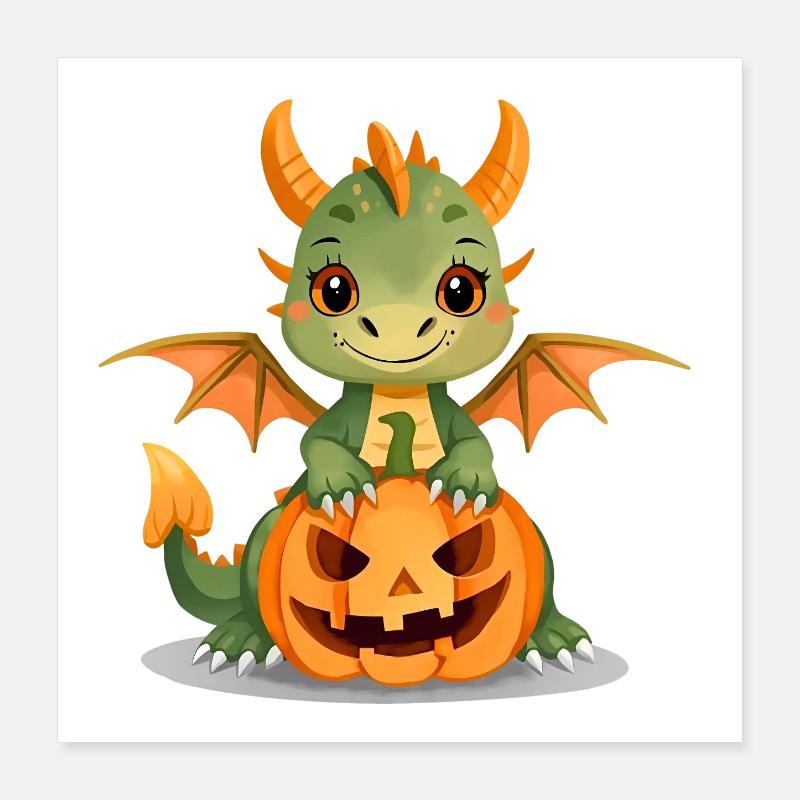 Cute Green Dragon with Halloween Pumpkin Poster 16" x 16" (40x40 cm)