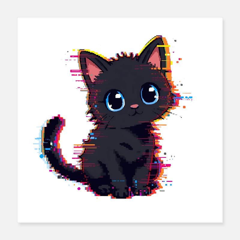 Neon Glitch Noir Chat Mignon Poster 40 x 40 cm