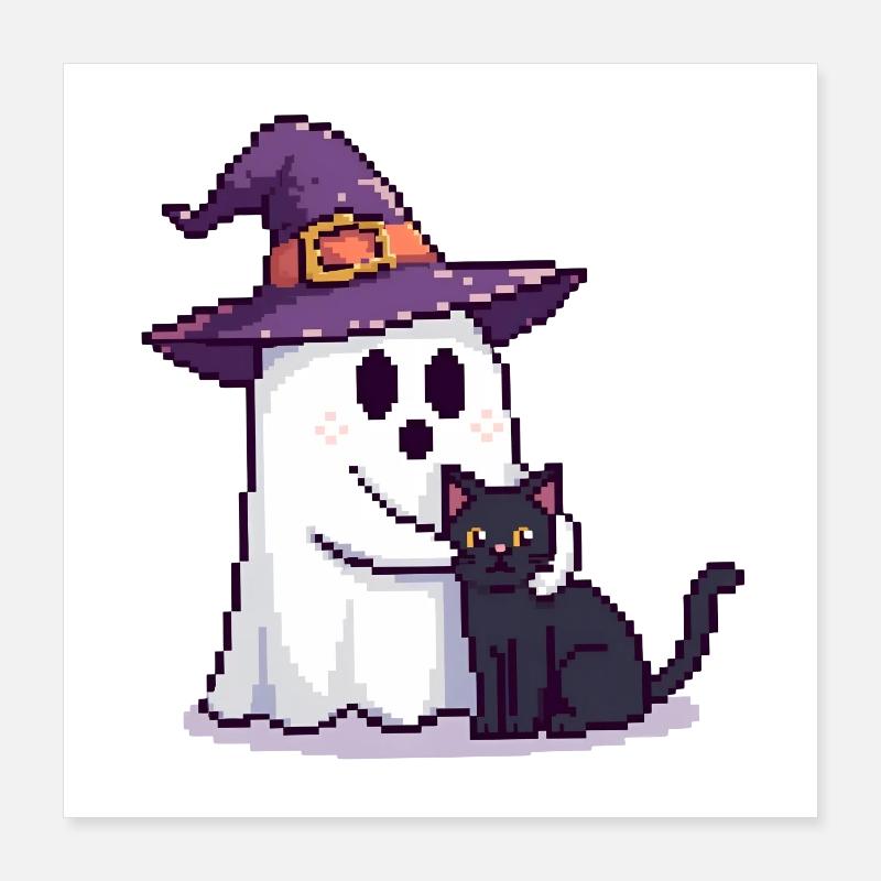 Pixel Geist mit Hexenhut & Katze – Halloween Poster 40x40 cm